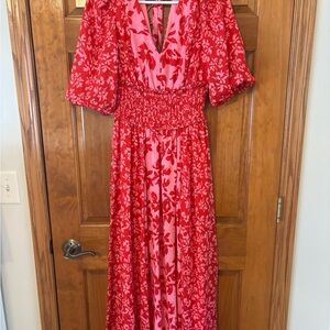 Red Floral V-Neck Maxi Dress